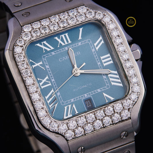 Round Cut Diamond Bezel Square Blue Dial Watch with Steel Link Bracelet