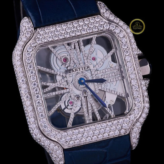 Round Cut Diamond Skeleton Square Watch with Blue Leather Strap