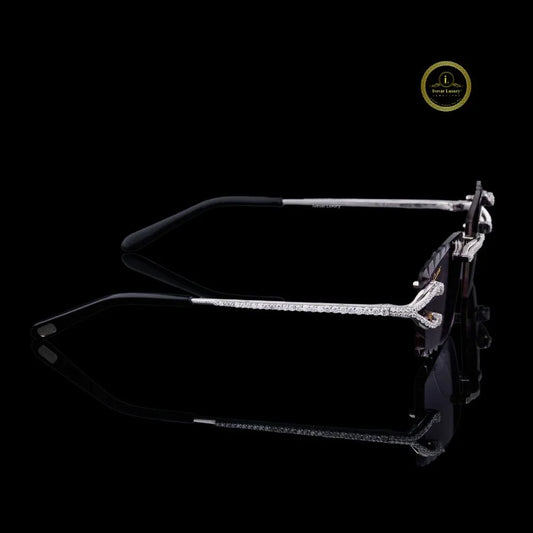 Rimless Rectangular Diamond Sunglasses with Round Pave Hinges & Diamond Bridge
