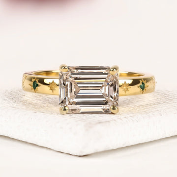 Emerald Cut Moissanite Diamond Engagement Ring With Celestial Star Engraved Band