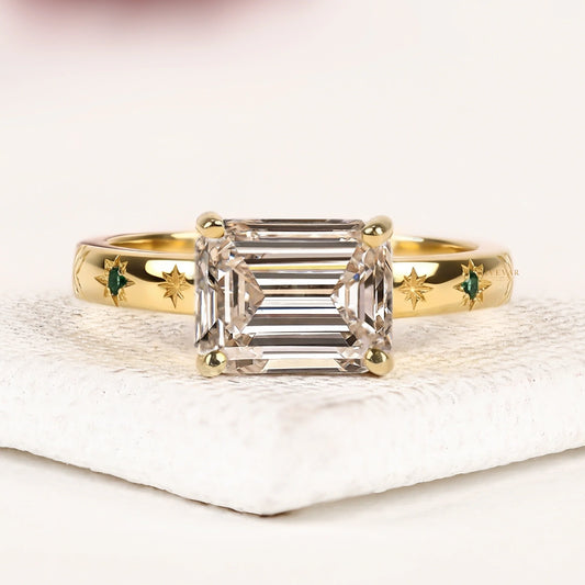 Emerald Cut Moissanite Diamond Engagement Ring With Celestial Star Engraved Band