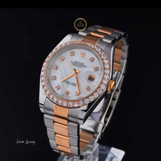 Round Cut Diamond Bezel Mother of Pearl Dial Two-Tone Bracelet Watch