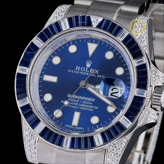 Blue Sapphire Bezel Diver Watch with Blue Dial & Diamond Lugs Oyster Bracelet