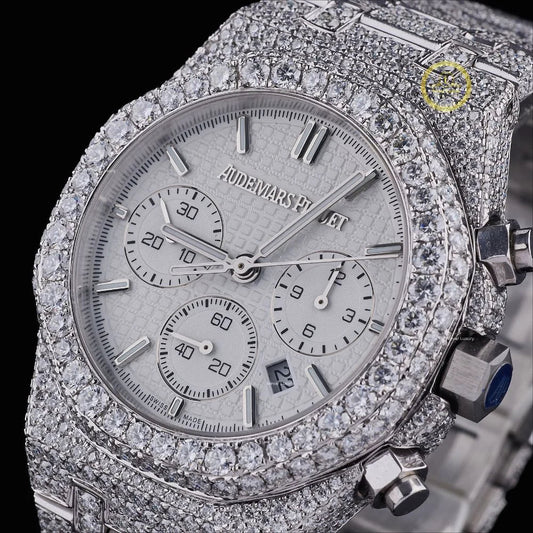 Full Iced Out Round Cut Diamond Chronograph Watch with Silver Dial and Pavé Link Bracelet