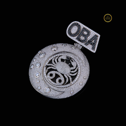 VVS Lab Diamond "OBA" Cancer Zodiac Medallion Two Tone Iced-Out Moon & Crab Pendant