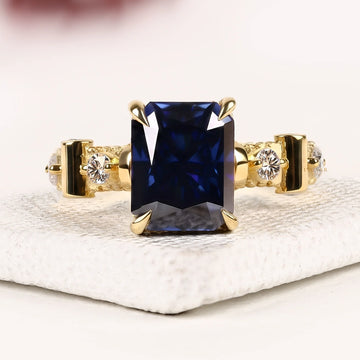 Radiant Cut Blue Sapphire Moissanite Diamond Engagement Ring with Diamond Accent Bar Band