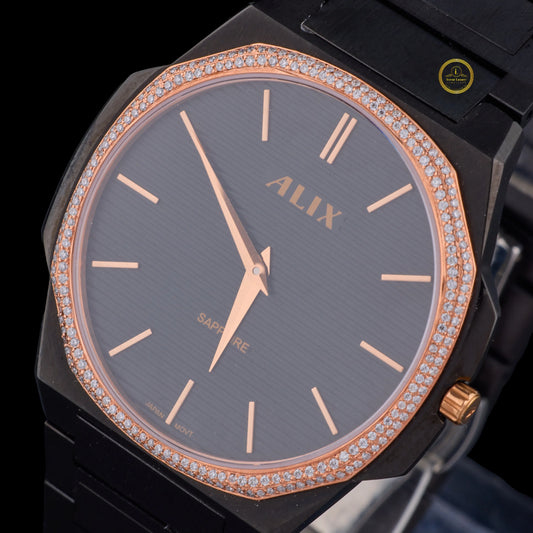 Black & Rose Gold Diamond Bezel Men's Watch