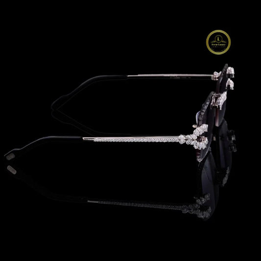Rimless Black Gradient Diamond Sunglasses with Floral Pear Bridge & Open-Loop Hinges