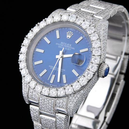 Full Iced Out Diamond Watch with Royal Blue Dial & Diamond Bezel