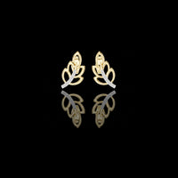 Gold Leaf Stud Earrings with Round Moissanite Diamond Accented Curve Nature Inspired