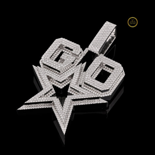Custom Iced-Out Finish "GO" Star Pendant Featuring Shimmering Round Cut Moissanite Diamonds