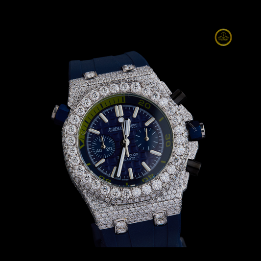 Half Iced Out Diamond Chronograph Watch with Blue Rubber Strap & Navy Blue Dial