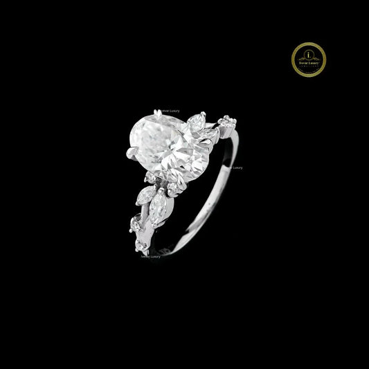 Oval Cut Moissanite Diamond Engagement Ring With Marquise Cluster Side Stones