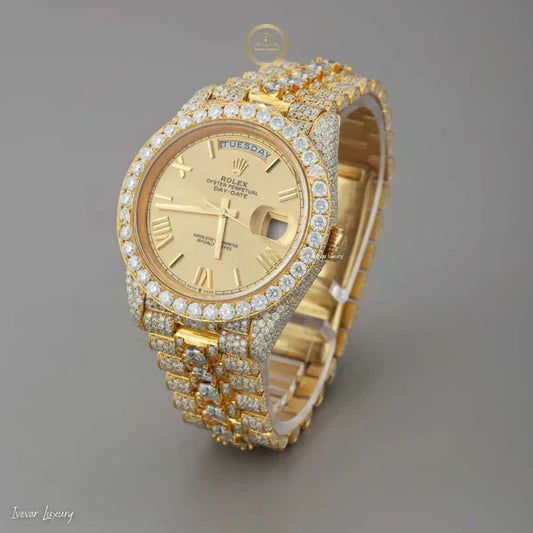 Yellow Gold Calendar Watch with Round Diamond Bracelet & Diamond Bezel - View 2