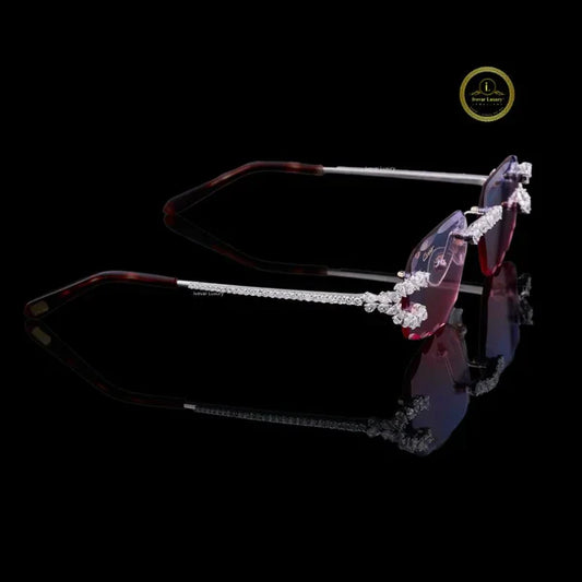 Rimless Purple Gradient Diamond Sunglasses with Floral Bridge & Open-Loop Hinges