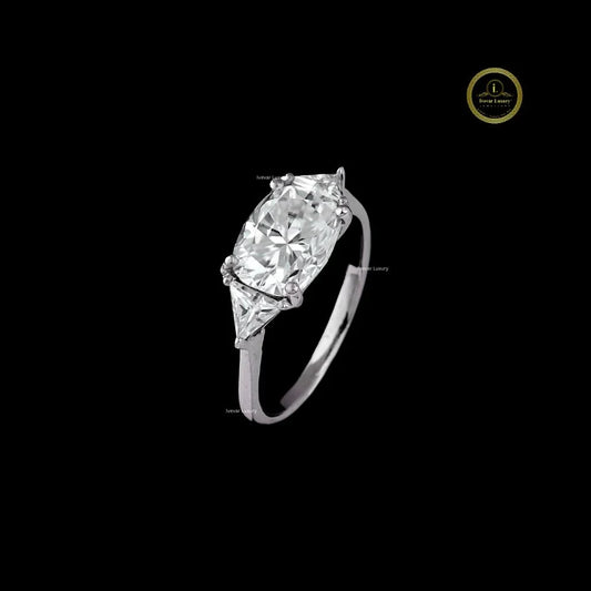 Cushion Cut Three Stone Moissanite Diamond Ring With Trillion Sides Stone