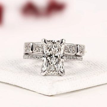 Radiant Cut Moissanite Diamond Bridal Ring Set with Hidden Halo and Accent Diamonds Elegance
