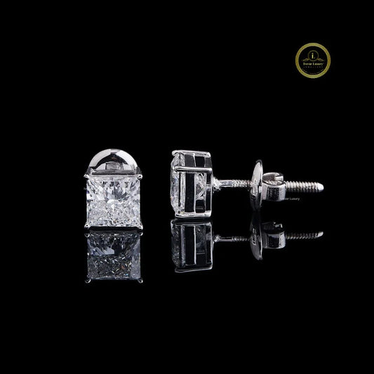 Princess Moissanite Diamond Classic Solitaire Stud Earrings with Four Prong Crown