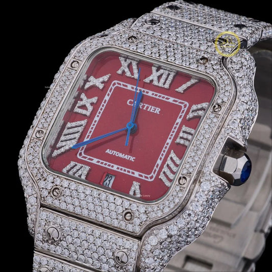 Full Iced Out Round Cut Diamond Square Automatic Watch with Red Roman Numeral Dial