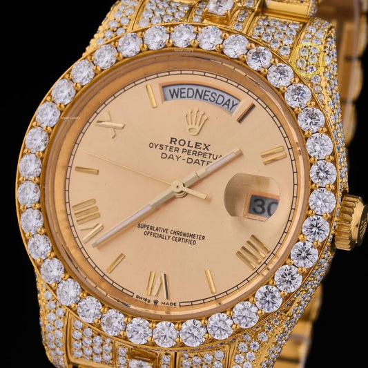 Full Iced Out Round Diamond Day-Date Watch with Champagne Roman Numeral Dial