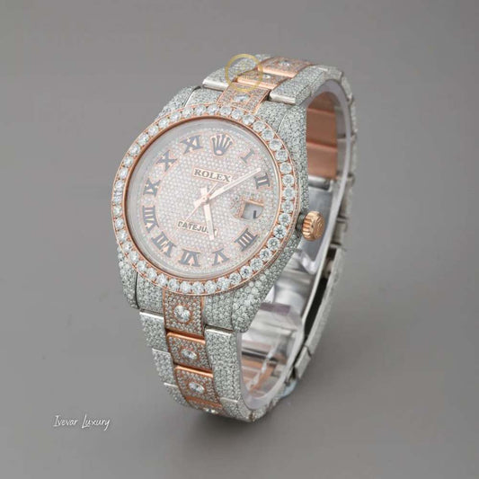 Full Iced Out Two-Tone Calendar Watch with Black Roman Diamond Dial - View 2