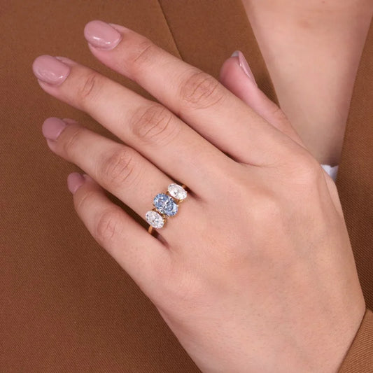 Oval Three Stone Blue And White Moissanite Diamond Ring