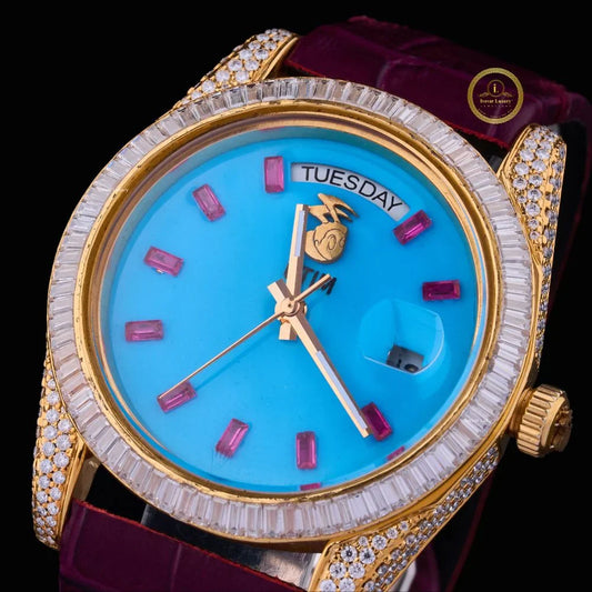 Yellow Gold Day-Date Watch with Turquoise Dial Baguette Diamond Bezel & Burgundy Leather Strap