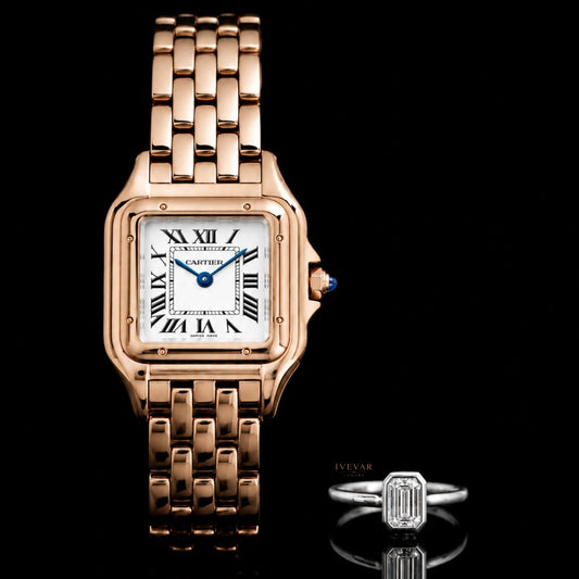 Timeless Grace Collection Rose Gold Watch with Emerald Cut Moissanite Diamond Ring