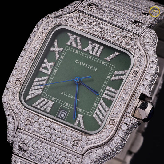 Full Iced Out Round Cut Diamond Square Automatic Watch with Green Roman Numeral Dial