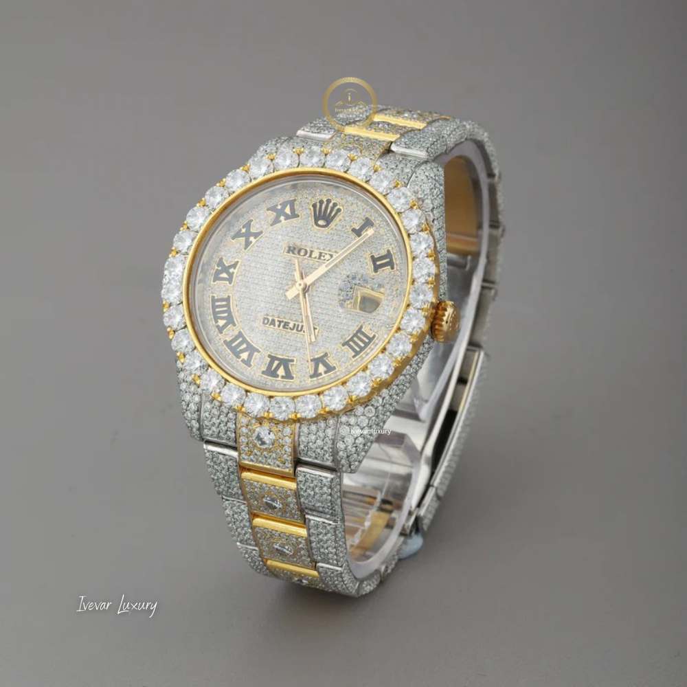 Full Iced Out Two-Tone Calendar Watch with Black Roman Diamond Dial and Date Display - View 2