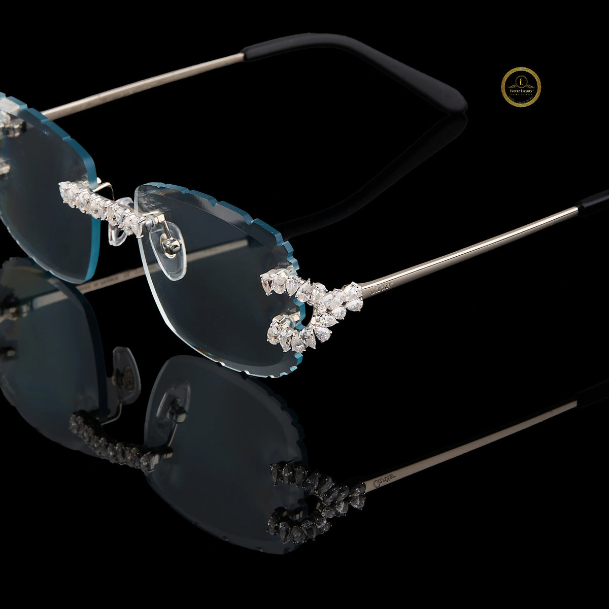 Rimless Rectangular Diamond Sunglasses with Floral Bridge & Open-Loop Diamond Hinges - View 2