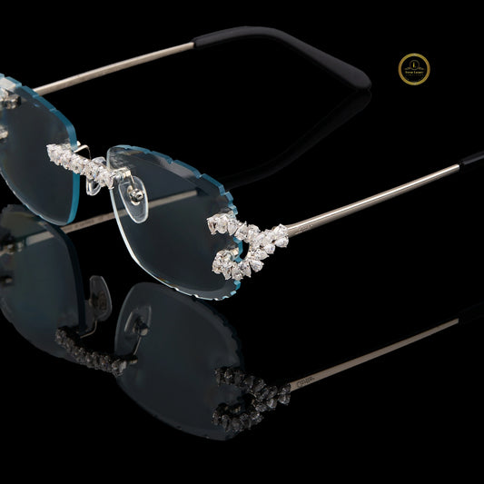 Rimless Rectangular Diamond Sunglasses with Floral Bridge & Open-Loop Diamond Hinges - View 2