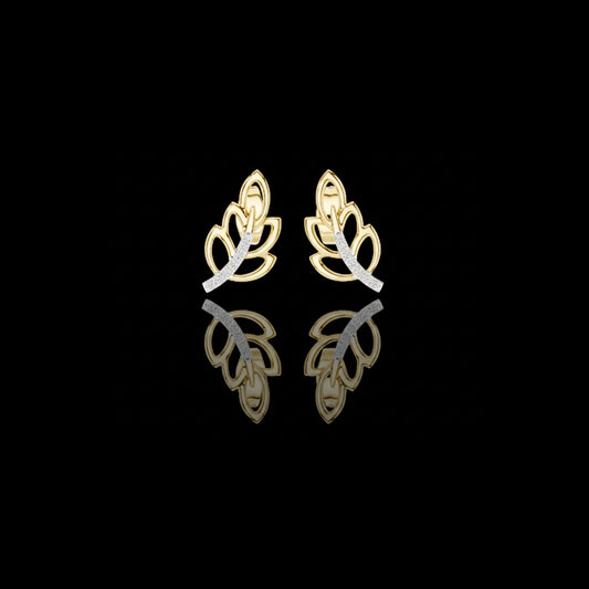 Gold Leaf Stud Earrings with Round Lab Diamond Accented Curve Nature Inspired