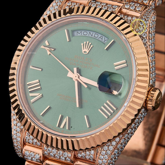 Rose Gold Day-Date Watch with Green Dial Fluted Bezel & Pave Bracelet