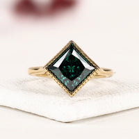 Green Princess Cut Solitaire Lab Diamond Engagement Ring with Migraine Bezel Setting