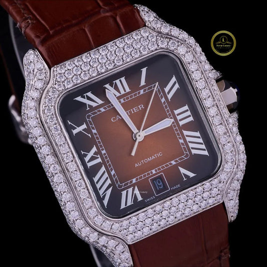 Round Cut Diamond Square Automatic Watch with Brown Roman Numeral Dial and Leather Strap