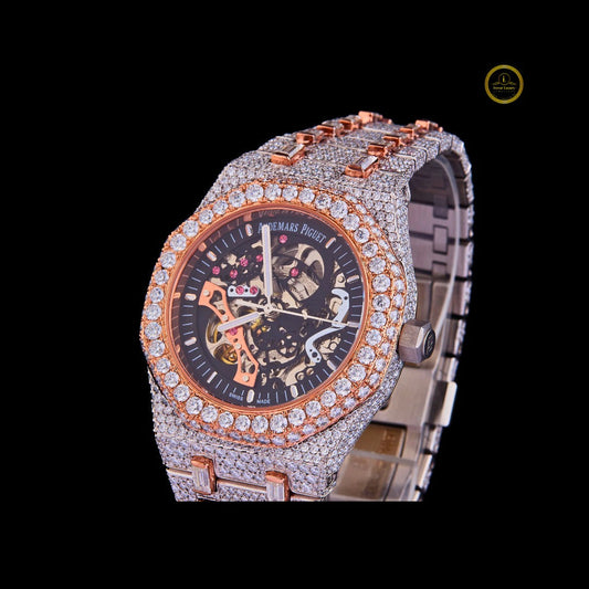 Full Iced Out Diamond Skeleton Watch with Open-Worked Dial & Two-Tone Finish