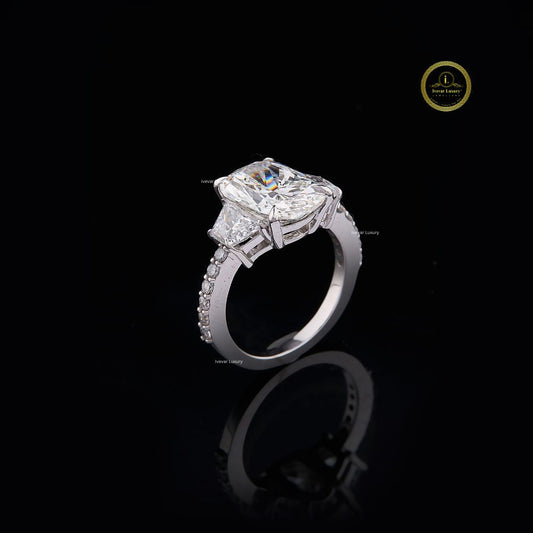 Cushion Cut Three Stone Pave Diamond Moissanite Engagement Ring