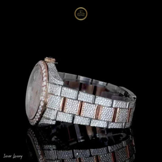 Full Iced Out Two-Tone Nautilus Style Watch with Multicolor Roman Dial