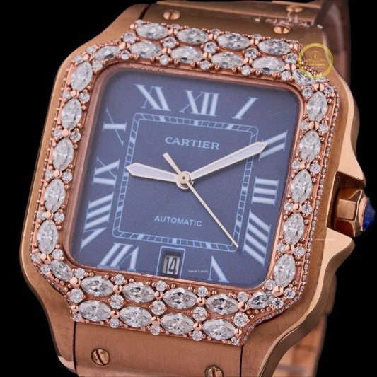 Marquise & Round Cut Lab Grown Diamond Bezel Square Automatic Watch with Integrated Screw Link Bracelet
