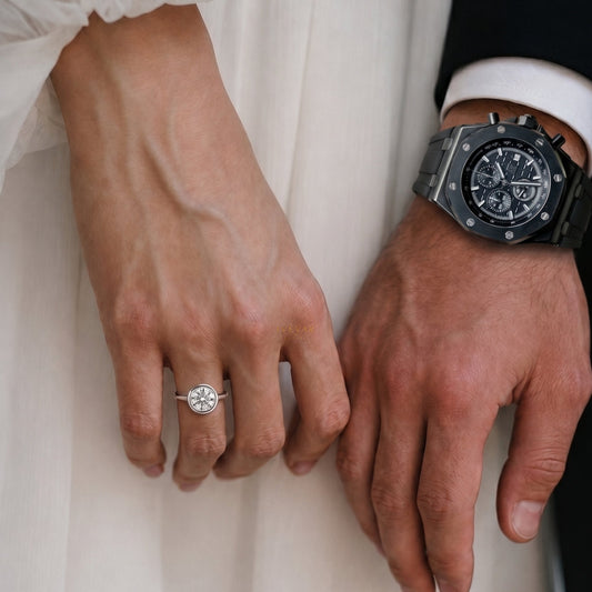 Timeless Elegance Duo Black Luxury Watch And Round Cut Moissanite Diamond Solitaire Ring