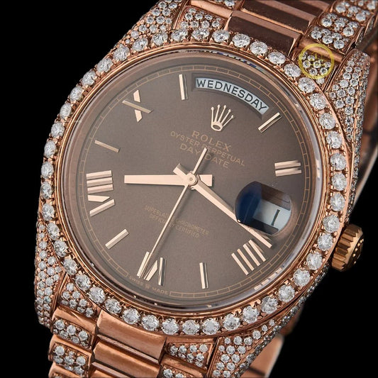 Rose Gold Calendar Watch with Chocolate Roman Dial Diamond Bezel & Executive Bracelet