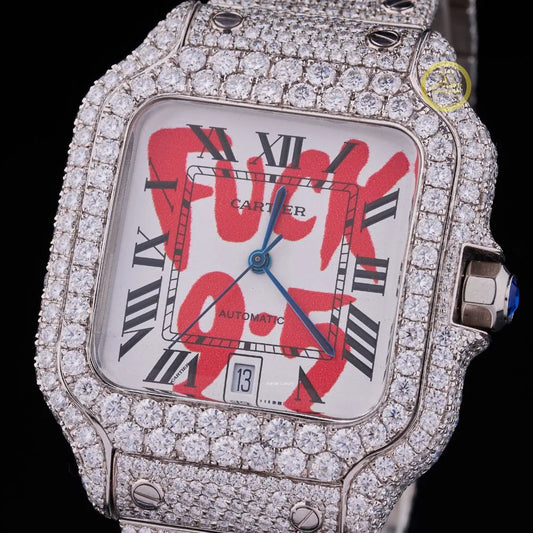 Full Iced Out Round Cut Diamond Square Watch with Graphic Roman Numeral Dial
