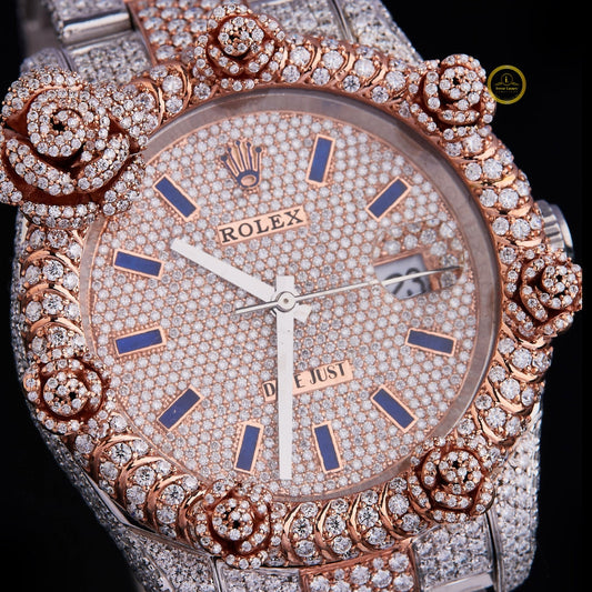 Full Iced Out Diamond Floral Day-Date Watch with Blue Baton Dial & Two-Tone Finish