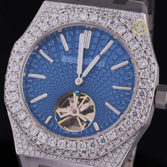 Custom Diamond-Encrusted Tourbillon Watch with Ice Blue Patterned Dial