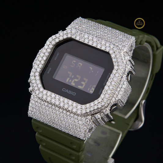 Iced Out Diamond Digital Watch with Olive Green Resin Strap for Men