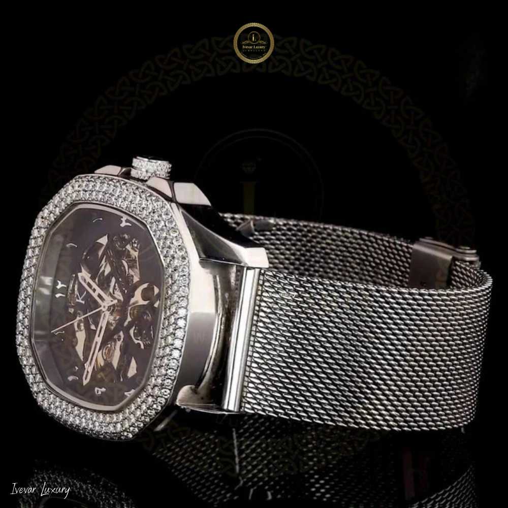 Skeleton Watch with Diamond Bezel & Milanese Mesh Bracelet - View 3