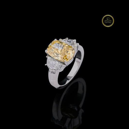 Yellow Cushion Cut Moissanite Diamond Ring with Side Stone