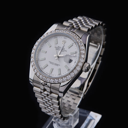 Round Cut Diamond Bezel White Dial Watch with Jubilee Link Bracelet