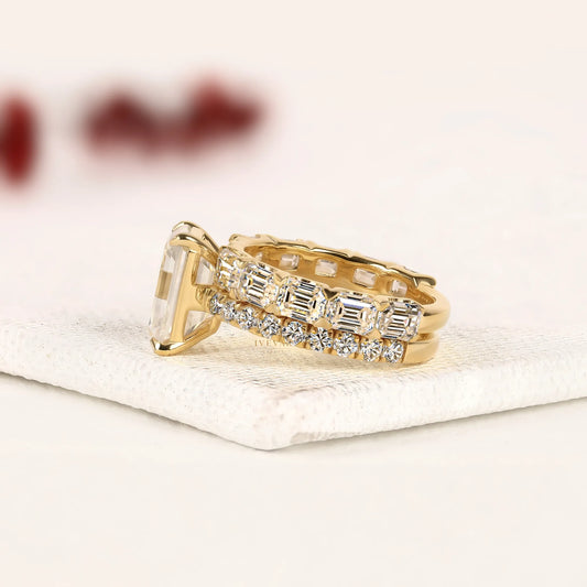 Emerald Cut Lab Diamond Bridal Ring Set with Pave Wedding Band